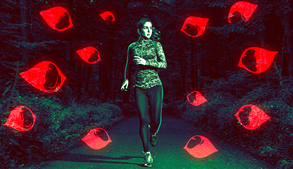 A woman running on a dark road, surrounded by staring red eyes