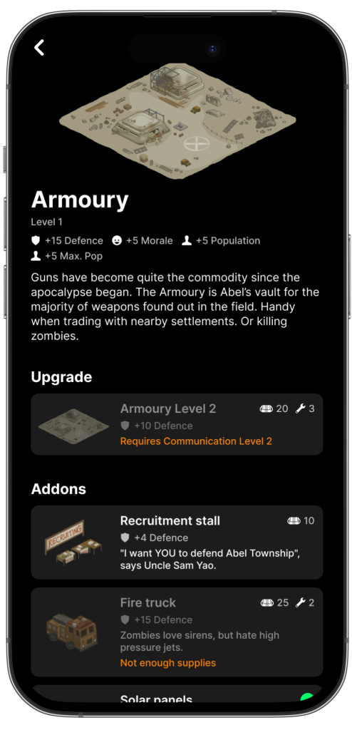 Screenshot of Armoury base building details