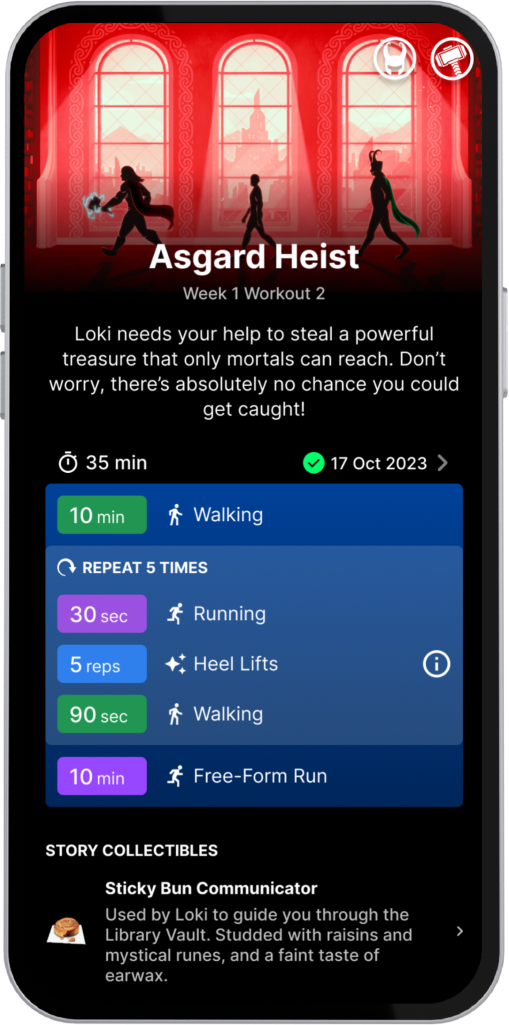 Screenshot of Asgard Heist episode, with workout details showing duration of walking, running, and other exercises