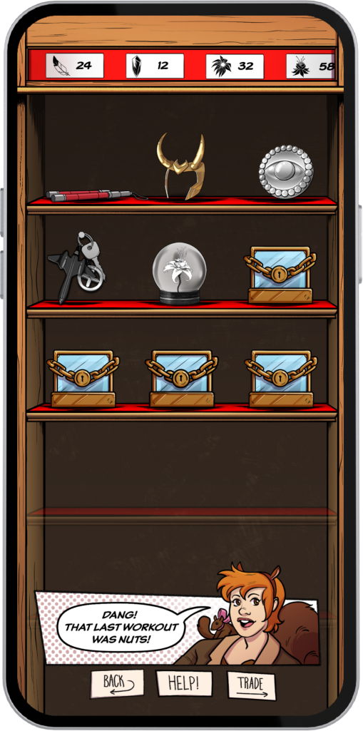 Screenshot of Trophy Cabinet, with locked chests and Loki's helmet